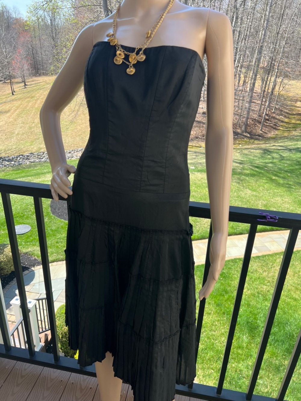 Nicole Miller Black Corset Strapless Tiered Midi Dress